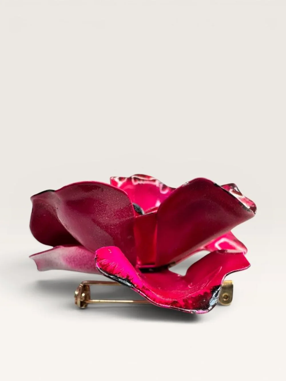 1970s Fuchsia Pink Enamel Flower Brooch Layered Floral Faux Pearl Vintage